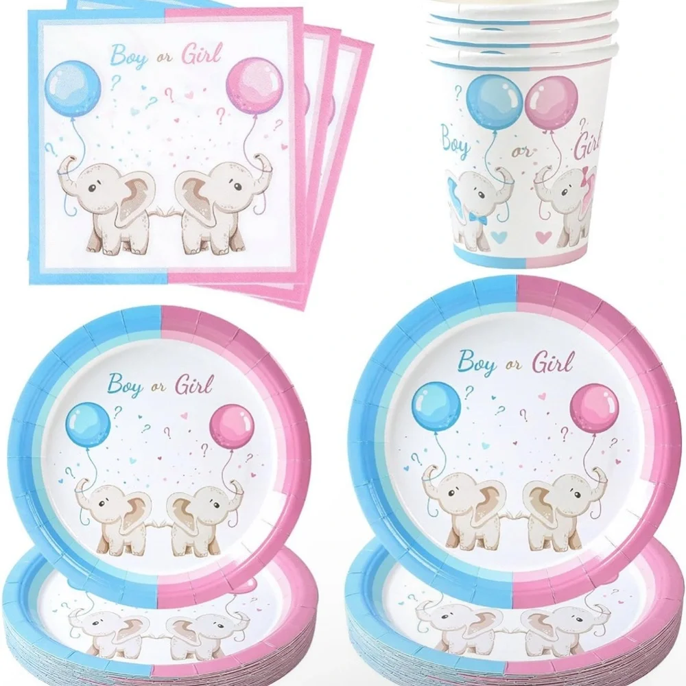 Baby Gender Decoration Kit 96 Pieces, Pink and Blue Plates Set, Boy or Girl Cups